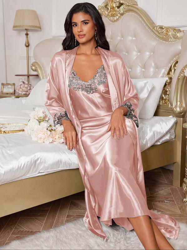 Two-piece Set Women's Contrast Lace Belted Satin Robe & Cami Nightdress Loungewear Set, Drop Shoulder Long Sleeve Robe & Cami Nightdress, Women's Sleepwear for All Seasons