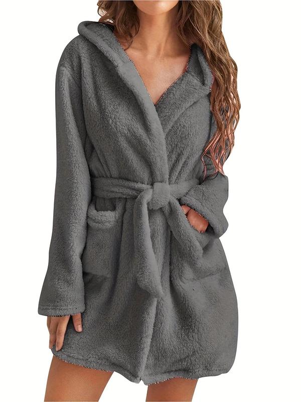 Women's Solid Belted Wrap Pocket Lounge Robe, Casual Long Sleeve Bedroom Drop Shoulder Bathrobe, Ladies Sleepwear for Fall & Winter