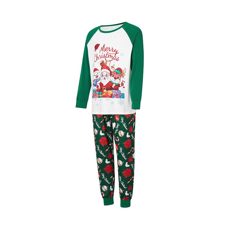 Green Matching Christmas Pajamas For Family Long Sleeve Santa Snowman Reindeer Print Tops + Pants Set Winter Sleepwear