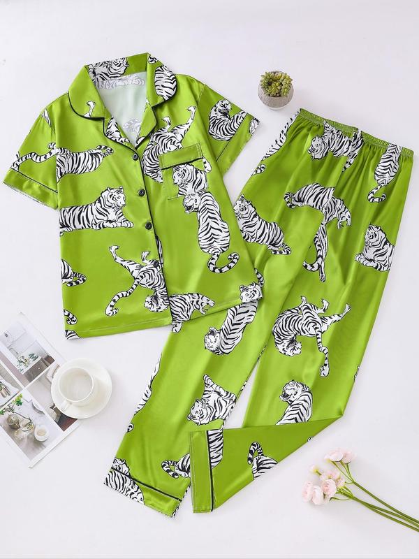 Two Counts @ShopwithJulie Collection Women's Tiger Floral Heart Print Lapel Shirt & Elastic Waist Pants Pyjama Set, Casual Button Front Drop Shoulder Top & Trousers PJ Set, Summer Wear 2024, Ladies Sleepwear for Summer