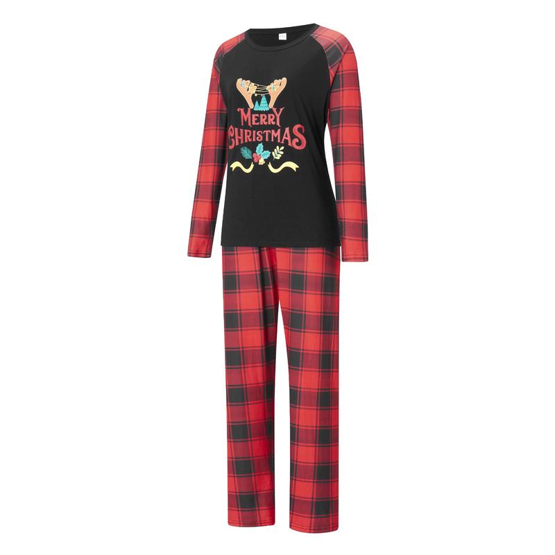 Christmas Family Pajamas Matching Set Letter Print Long Sleeve Tops and Plaid Pants Sleepwear Womenswear Check