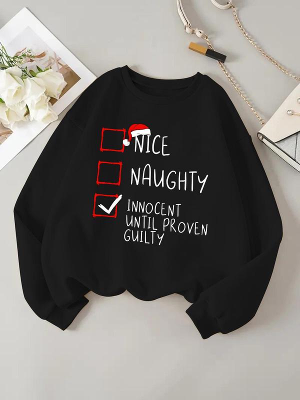 Women's Christmas Letter Print Drop Shoulder Fleece Sweatshirt, Casual Long Sleeve Round Neck Pullover for Daily Wear, Ladies Fall & Winter Clothes