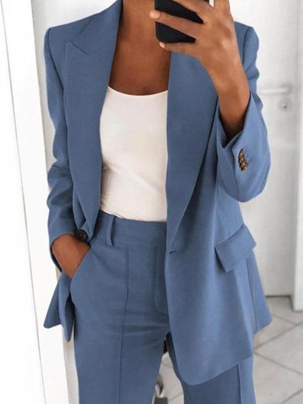 Two-Piece Set Women's Solid Color Button Front Flap Detail Blazer & Pocket Suit Pants, Elegant Lapel Neck Long Sleeve Outerwear & Trousers for Work Office Business, Ladies Spring & Fall Clothes