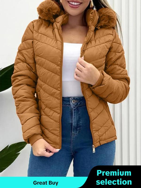 Women's Contrast Faux Fur Trim Zip Up Hooded Jacket, Casual Long Sleeve Pocket Zipper Outerwear for Winter, Ladies Clothes for Daily Wear