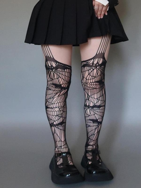 Women's Bat Pattern Hollow Out Tights, Punk Style Creative Elastic Fishnet Suspender Pantyhose, Ladies Sexy Tights for Holiday Party