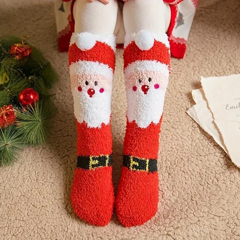 Christmas Themed Socks, 3 Pairs Cute Cartoon Reindeer & Santa Claus & Snowman Pattern Socks, Warm Floor Socks, Sleep Socks, Party Supplies