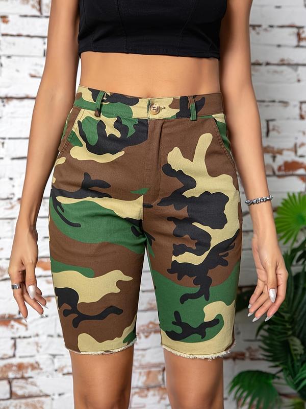 Women's Camo Print Button Pocket Raw Hem Shorts, Lady Casual Comfort Street Zipper Design Shorts for Summer, Ladies Bottoms for Daily Wear, Womenswear