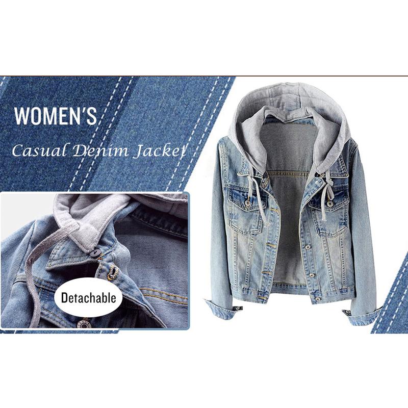 Women's Casual Detachable Hoodie Denim  Buttons Jacket Coats with Detachable Hood,regular Jackets Cotton Jean