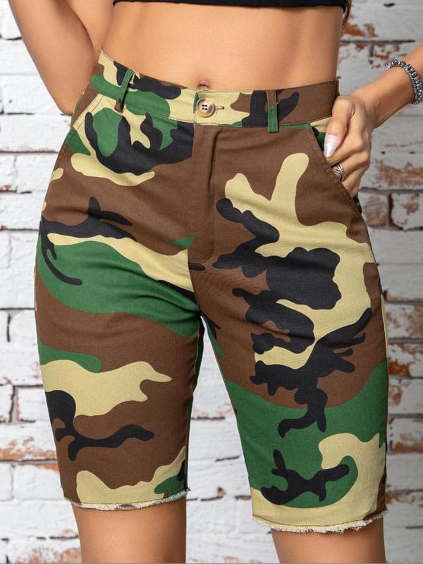 Women's Camo Print Button Pocket Raw Hem Shorts, Lady Casual Comfort Street Zipper Design Shorts for Summer, Ladies Bottoms for Daily Wear, Womenswear