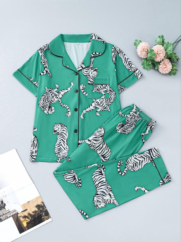 2 Counts @Shopwithjulie Collection Women's Animal Print Elastic Waist Pajama Set, Casual Short Sleeve Top & Straight Leg Trousers Pj Two Piece Set Women, Summer Wear 2024, Back To School Easter Sleepwear Summer Clothes, Plz Purchase A Size Up