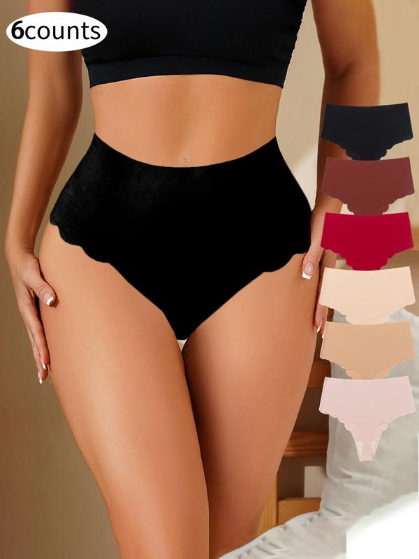 Women's Solid Color Scallop Trim High Waist Thong, Soft Comfy Breathable Panty for Daily Wear, Ladies Underwear for All Seasons