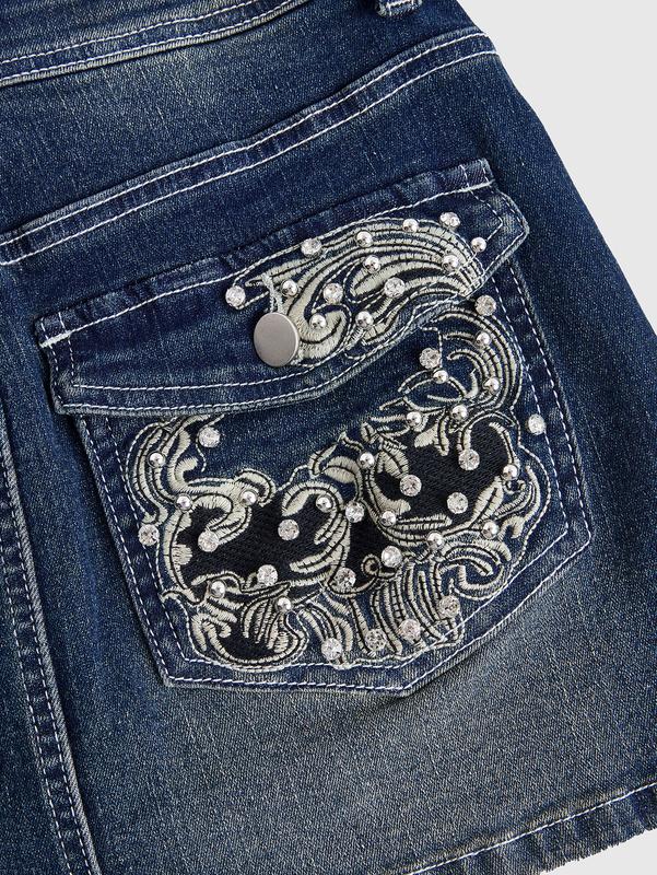 ROMWE Grunge Punk Y2K Style Ladies' Mini Denim Skirt (With Shorts), With Skull Head Embroidery, Bead And Contrast Stitching, And High Elasticity, School