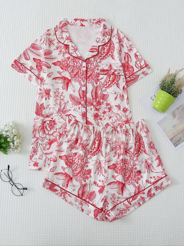 Women's All Over Print Contrast Binding Lapel Shirt & Shorts Pyjama Set, Back To School Button Front Short Sleeve Top & Elastic Waist   Modesty Shorts Pj Lounge Set for Fall, Casual Two-piece Sleepwear Loungewear Co-ord Set for Women Birthday Gifts