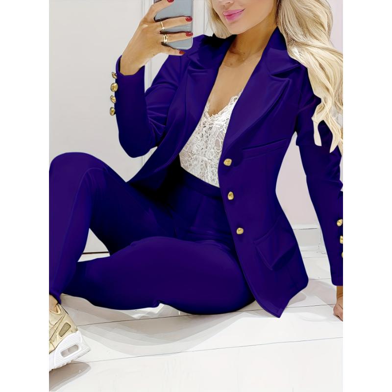 Business Casual Two-piece Set, Double-breasted Lapel Blazer & Slim Pants Outfits, Women's Clothing Collar Fabric Sleeve Suit