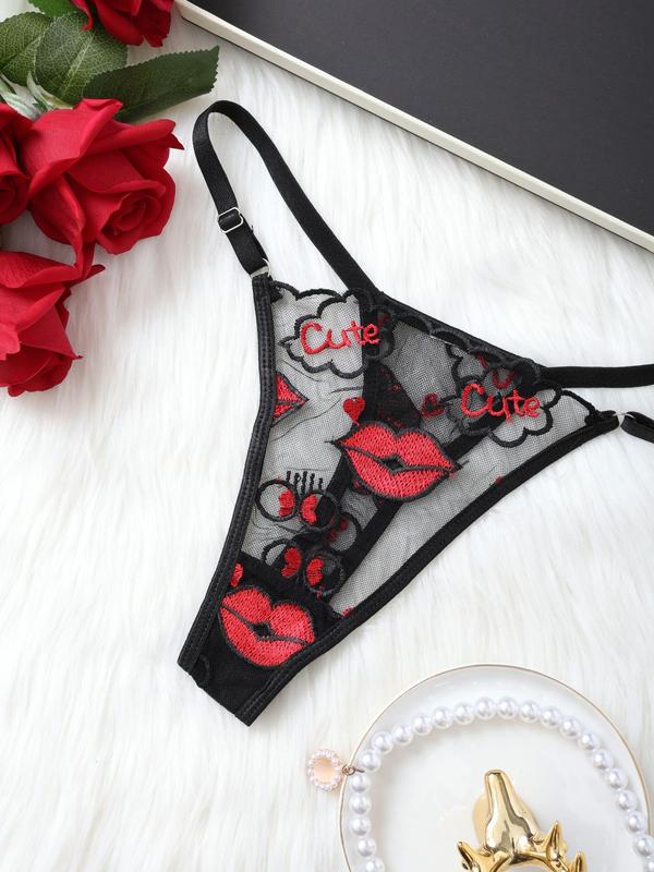 Women's Lip & Letter Embroidery Sheer Tulle Sexy Lingerie Set, Adjustable Strap Push Up Underwear Bra & Thong, Lingerie Set for Women