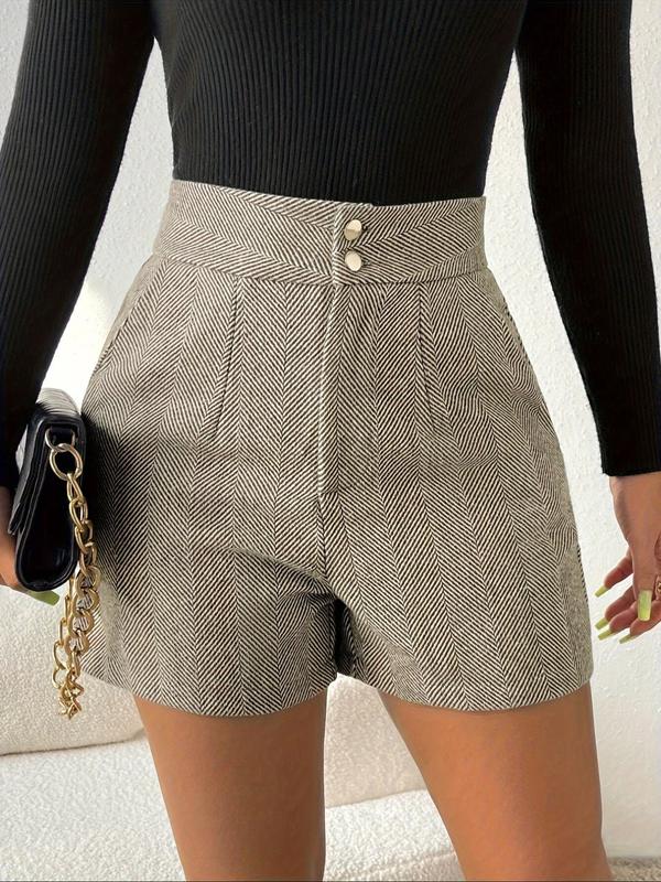 Women's Herringbone Print Button Fly Shorts, Casual Pocket Straight Leg Shorts for Summer, Women's Bottoms for Daily Wear