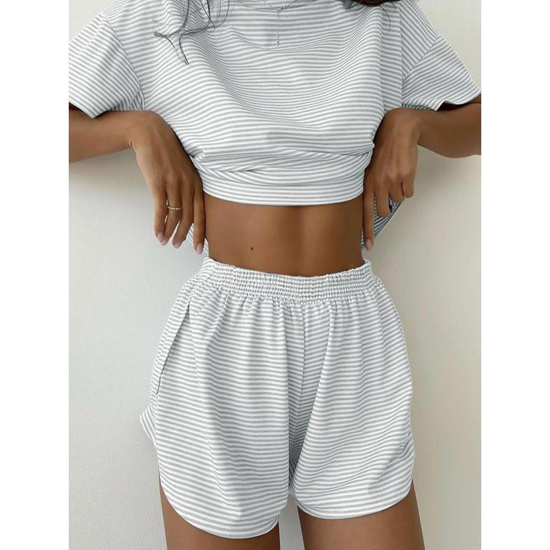 Two-Piece Set Women's Striped Print Drop Shoulder Tee & Wrap Split Shorts Pyjama Set, Comfy Short Sleeve T-shirt & Elastic Waist Shorts Pj Set, Back To School Wear Lounge Sets, Pajama Sets Women, Fall Clothes Loungewear Nightwear