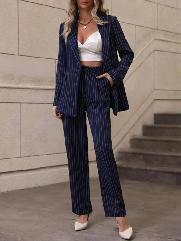 Two-Piece Set Women's Striped Print Lapel Neck Blazer & Pocket Suit Pants, Elegant Fashion Outfits for Work Office Business, Ladies Fall & Winter Clothes