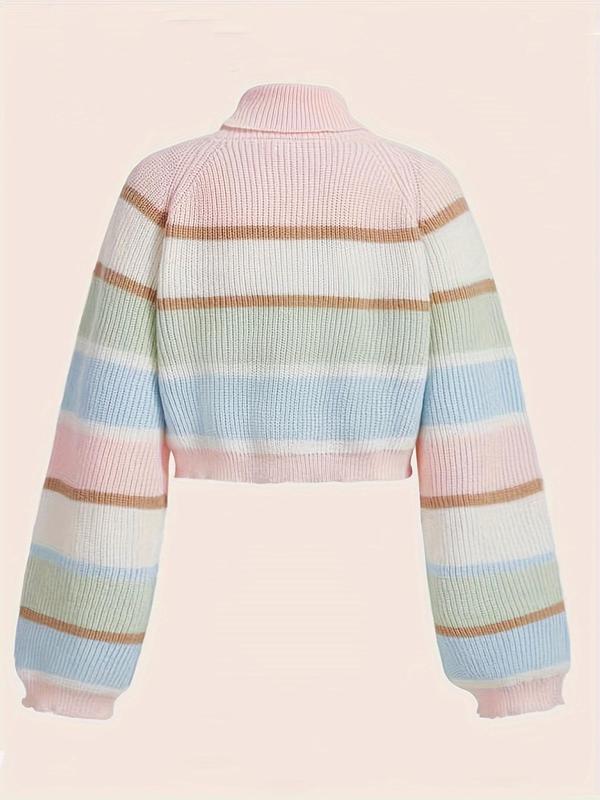 Women's Striped & Bear Print Raglan Sleeve Knit Top, Casual High Neck Jumper for Fall & Winter, Fashion Ladies' Knit Clothing for Daily Wear