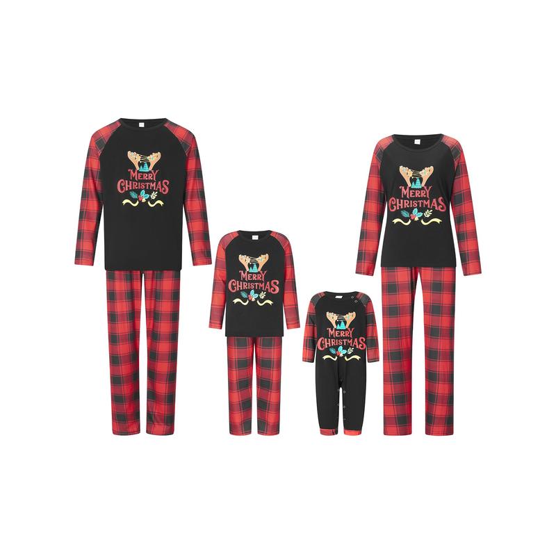 Christmas Family Pajamas Matching Set Letter Print Long Sleeve Tops and Plaid Pants Sleepwear Womenswear Check