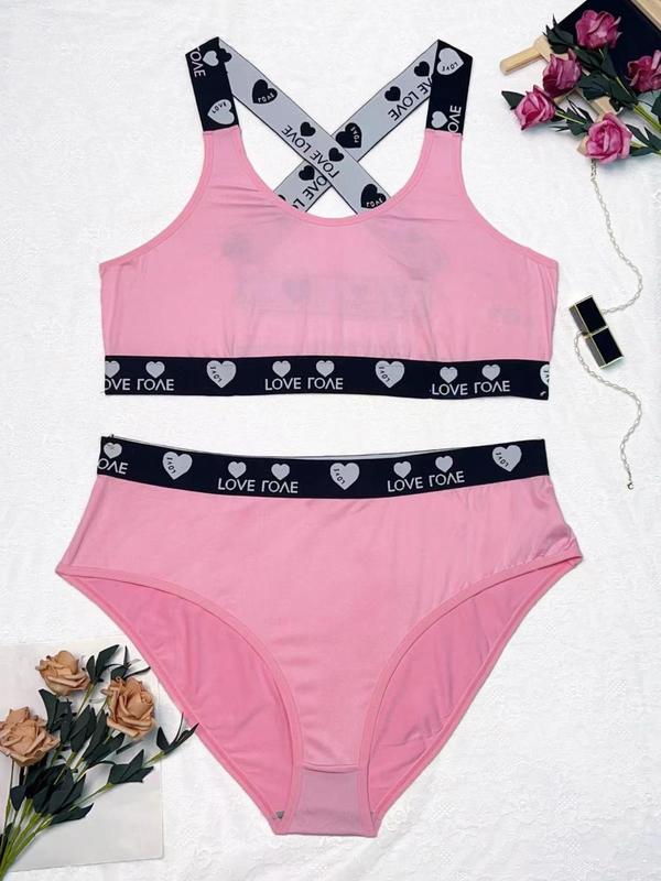 Plus Size Two-Piece Set Heart & Letter Tape Lingerie Set, Casual Criss Cross Bra & High Waist Panty Set, Comfort Womenswear, Two-piece Lingerie Set for Lady