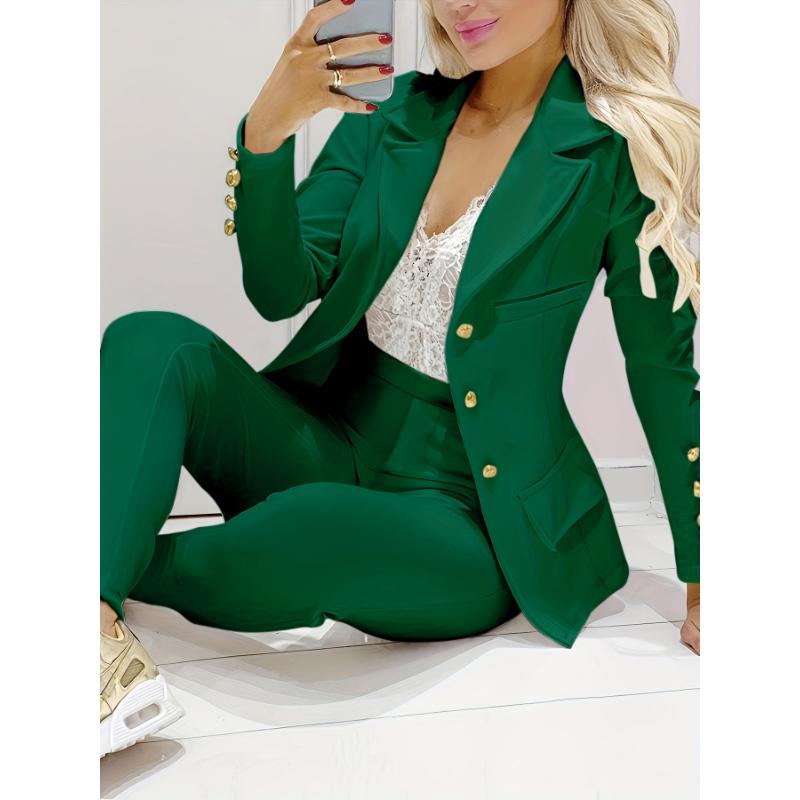 Business Casual Two-piece Set, Double-breasted Lapel Blazer & Slim Pants Outfits, Women's Clothing Collar Fabric Sleeve Suit