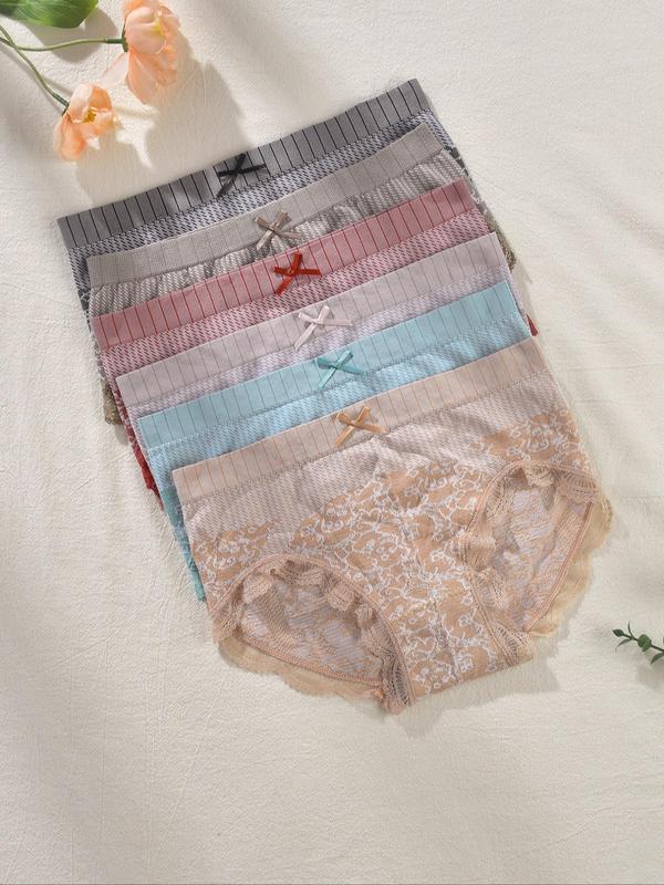 Women's Bow Decor Contrast Lace Knicker, Girly Clothing, Breathable Comfortable Underwear for Daily Wear, Soft Panty for All Seasons