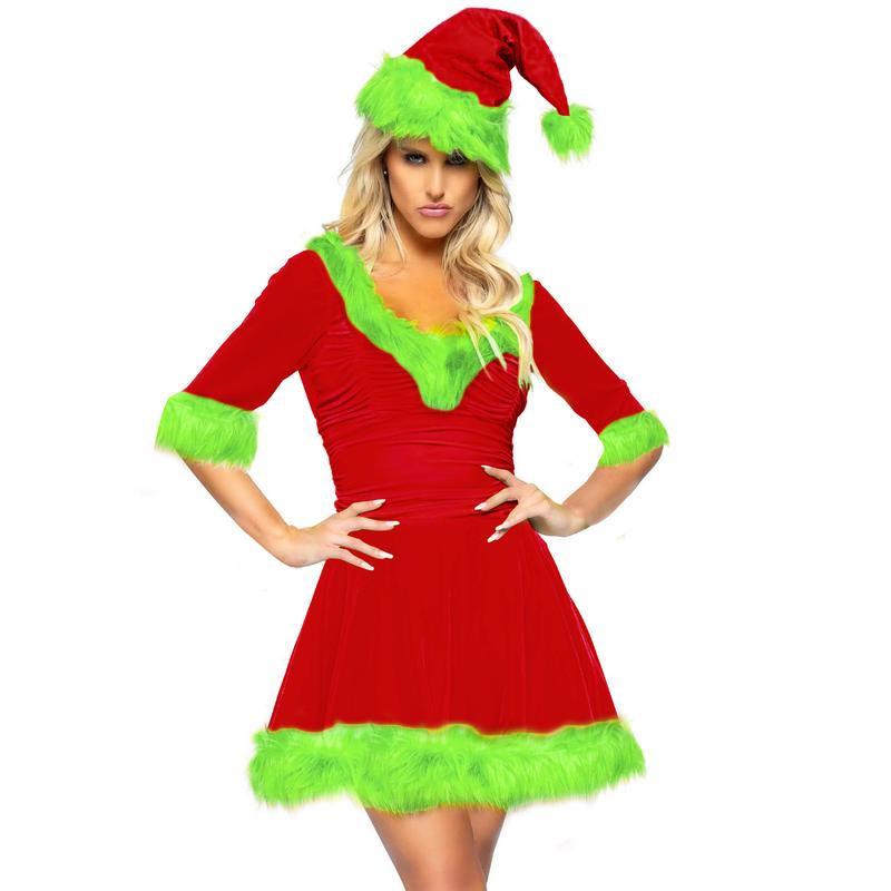 Women Christmas Dress Elf Dresses Christmas Santa Cosplay Costume Dress and Hat Set Plush V-Neck Half Sleeve Outfit Womenswear Clothing