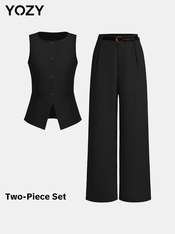 YOZY Black Friday Deals, Women's Solid Button Front Vest & Plicated Belted Wide Leg Pants Two-piece Set, Elegant Fashion Two Piece Outfits for Daily Wear, Ladies Clothes for Summer, Christmas 2024 Trend, Thanksgiving Outfits, Fall Outfits, Winter Outfits