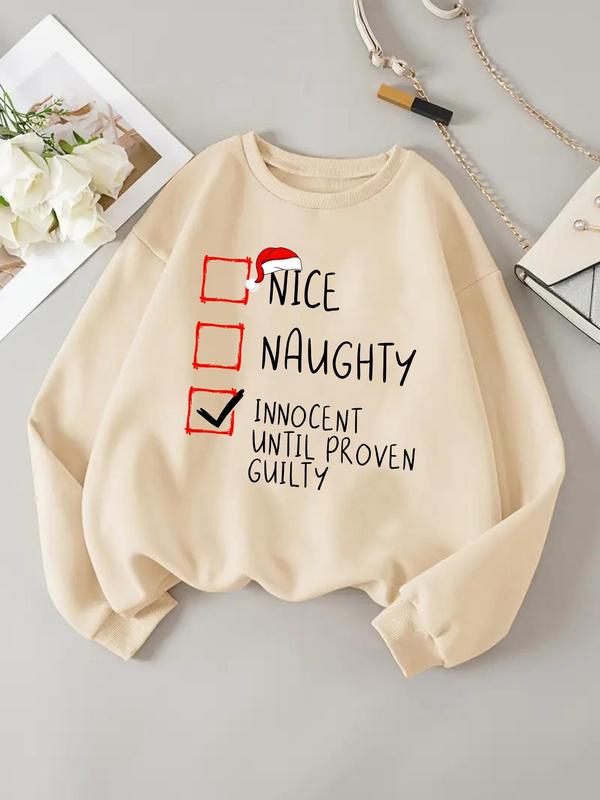 Women's Christmas Letter Print Drop Shoulder Fleece Sweatshirt, Casual Long Sleeve Round Neck Pullover for Daily Wear, Ladies Fall & Winter Clothes