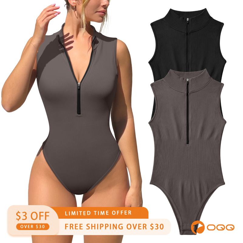 OQQ Women's 2 Piece Bodysuits Sexy Ribbed One Piece Zip Front  Sleeveless Tops Bodysuits Fabric Soft