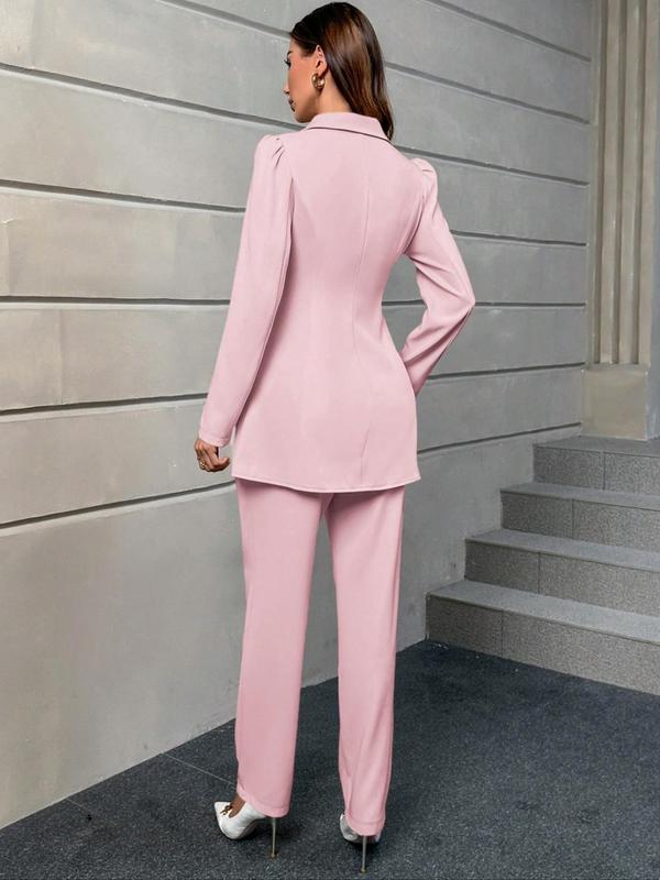 Women's Solid Button Front Split Blazer & Pants Two-Piece Set, Long Sleeve Lapel Neckline Blazer & Pocket Trousers, Casual Business Two-piece Outfits for Work Office