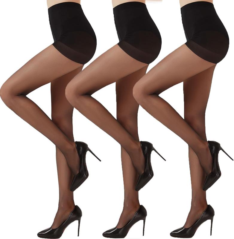 3 Pairs Black Sheer Tights for Women - 20D Not Rip Control Top Pantyhose with Reinforced Toes - Resist Tears