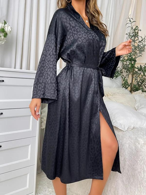 Women's Leopard Print V Neck Belted Wrap Lounge Robe, Fashion Casual Drop Shoulder Long Sleeve Pajama Robe for Daily Home Wear, Ladies Spring & Fall Sleepwear