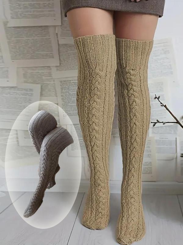 Women's Solid Textured Over The Knee Socks, Casual Warm Comfy Thigh High Socks for Fall & Winter, Women's Socks for Daily Wear