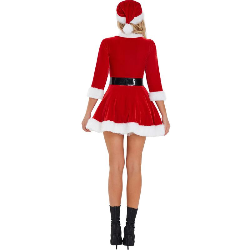 Women Christmas Dress, Santa Cosplay Dress, Plush Trim Velvet Round Neck 3 4 Sleeve Belt Dress with Hat Costume, Lady's Party Dress for Christmas, Ladies Clothes for Womenwear