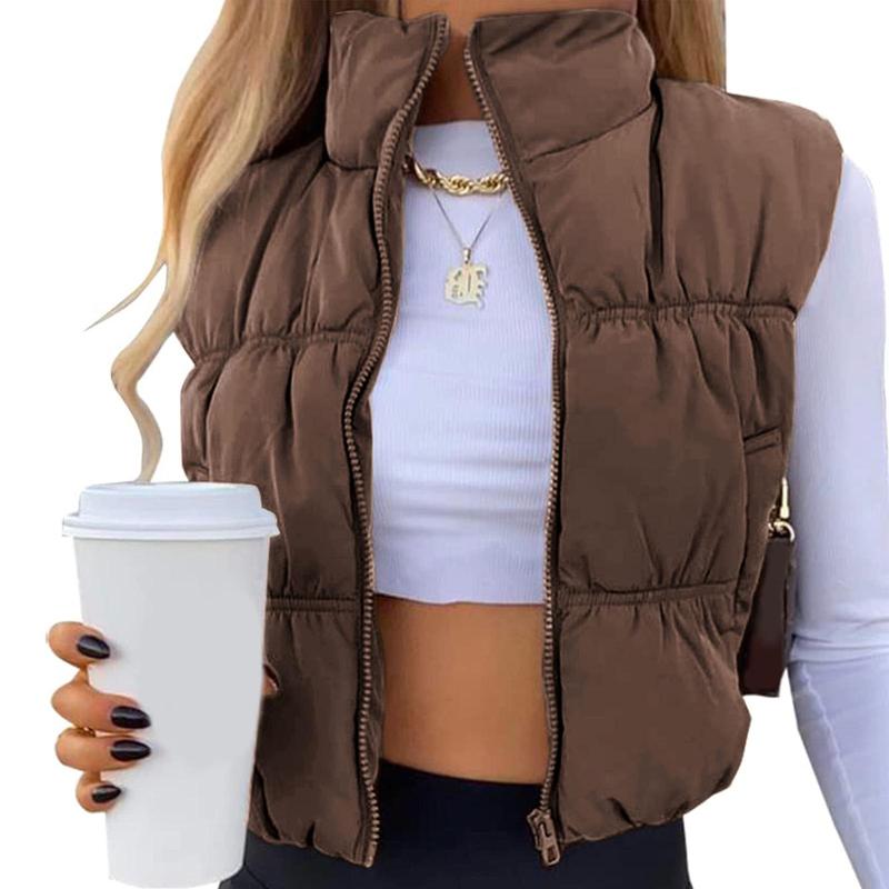 Women's Solid Color Cropped Puffer Vest with Zipper and Standup Collar warm  vest Zip Up Sleeveless Puffer Vest Women's Lightweight zipper vest