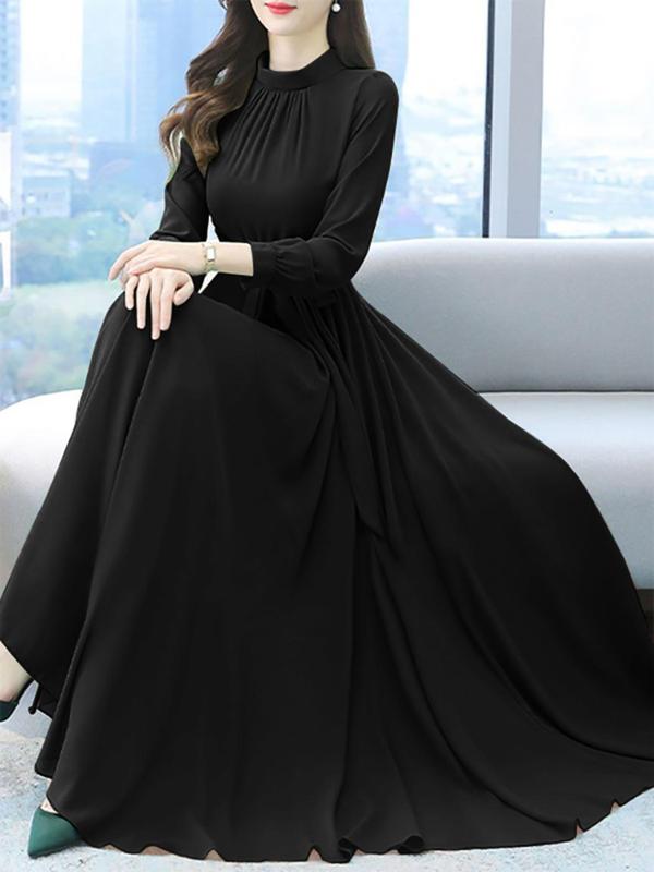 Women's Plain Belted Plicated Bishop Sleeve Dress, Elegant Long Sleeve Stand Collar A Line Dress for Party Holiday Wedding Guest, Ladies Fall & Winter Clothes