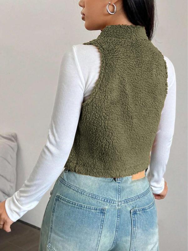 Women's Solid Funnel Neck Zip Up Crop Vest Jacket, Casual Plush Waistcoat for Women for Fall & Winter, Women's Clothing for Daily Wear, Fall Outfits, Fallfreshness Clothes