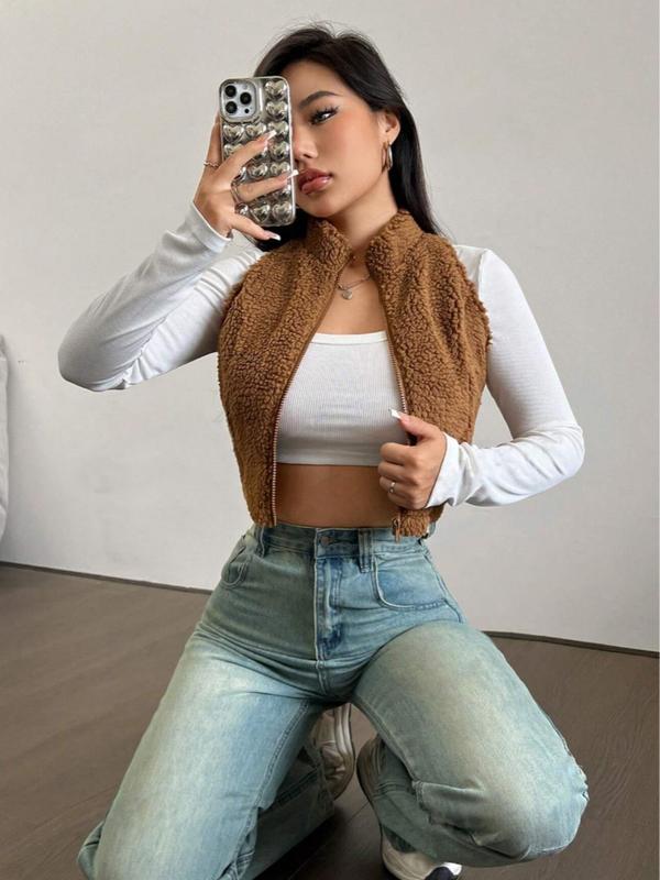 Women's Solid Funnel Neck Zip Up Crop Vest Jacket, Casual Plush Waistcoat for Women for Fall & Winter, Women's Clothing for Daily Wear, Fall Outfits, Fallfreshness Clothes