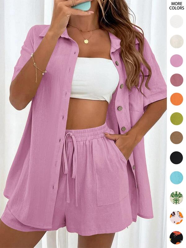 Women's Solid Button Front Shirt & Tie Front Shorts Two-piece Set, Summer Outfits 2024 Sets, Co Ords for Women, Casual Fashion Half Sleeve Drop Shoulder Top & High Waist Wide Leg Shorts Matching Sets for Back To School, Women's Clothes for Summer