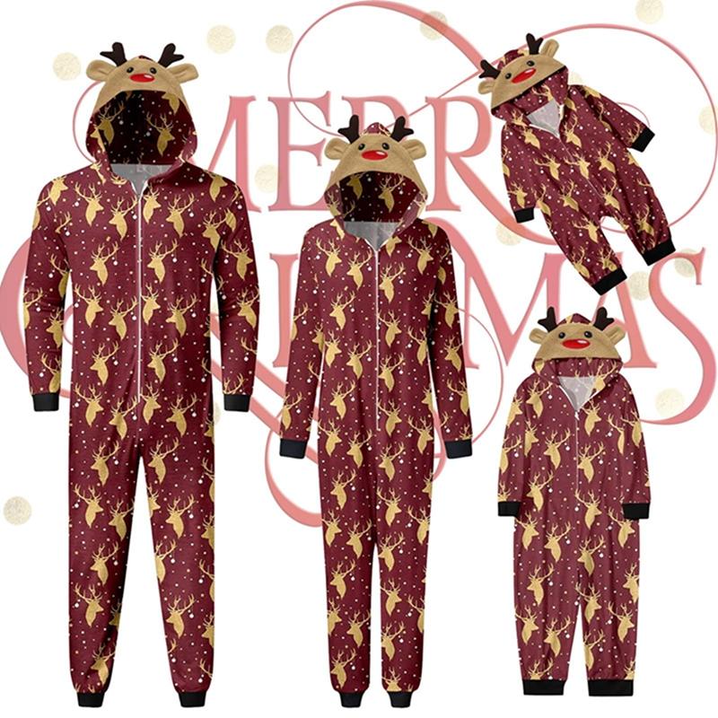 Matching Christmas Pajamas For Family Long Sleeve Elk Antler Hooded Romper Zip Up Jumpsuits