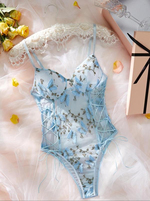 Women's Butterfly Embroidery Lace Up Sheer Bodysuit, Romantic Sexy Lingerie for All Seasons, Women Sexy Lingeries