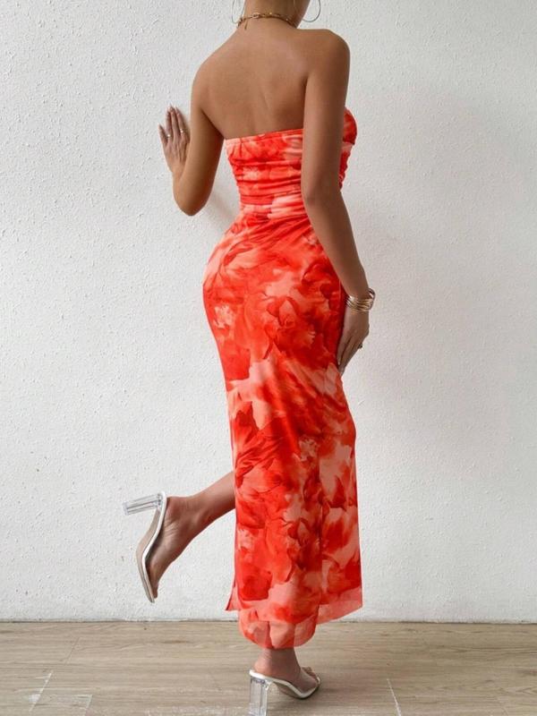 Women's All Over Print Ruched Backless Split Thigh Bodycon Tube Dress,  Women's Clothing, Sundress Maxi Dress, Elegant Sleeveless Long Dress for Summer, Dress in Club, Dresses for Women, Ladies Clothes for Beach Holiday