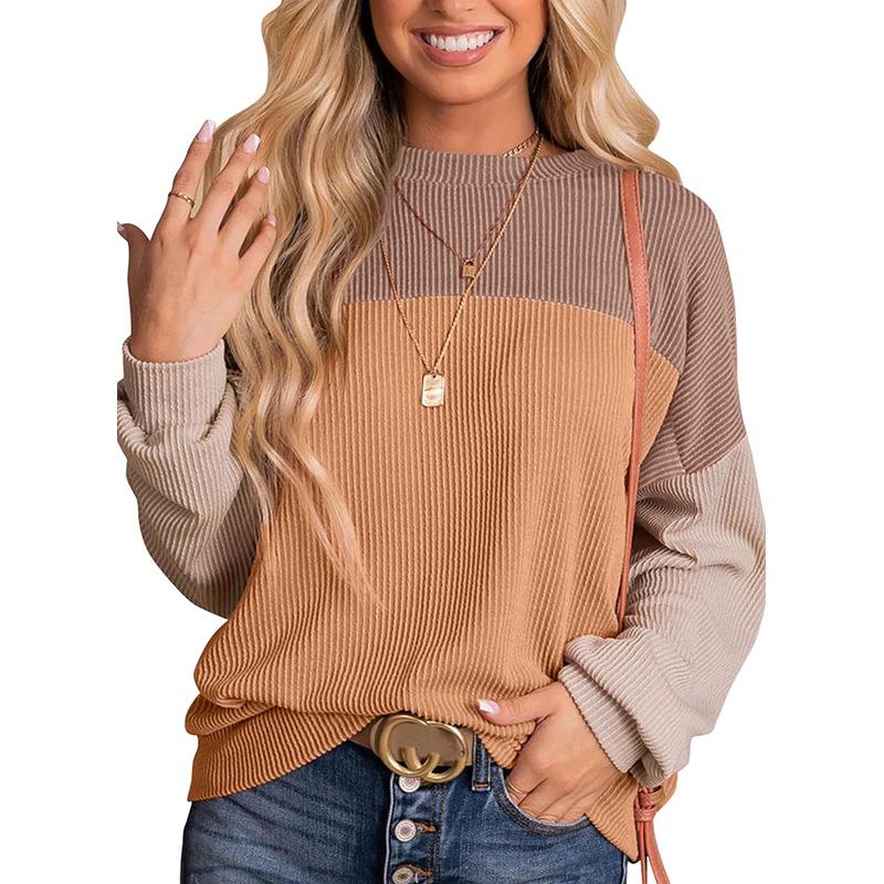 Womens Fashion New Color Block Long Sleeve Crewneck Knitted Casual Loose Pullover Shirts Tops