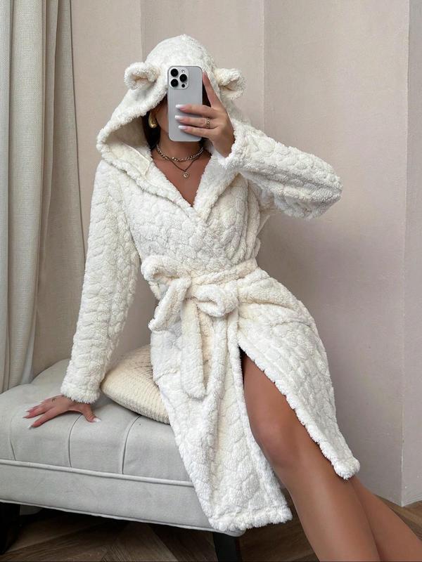 Women's Solid Color Pocket Belted Hooded Fuzzy Bathrobe, Casual Long Sleeve Warm Dressing Gown, Ladies Sleepwear for Fall & Winter