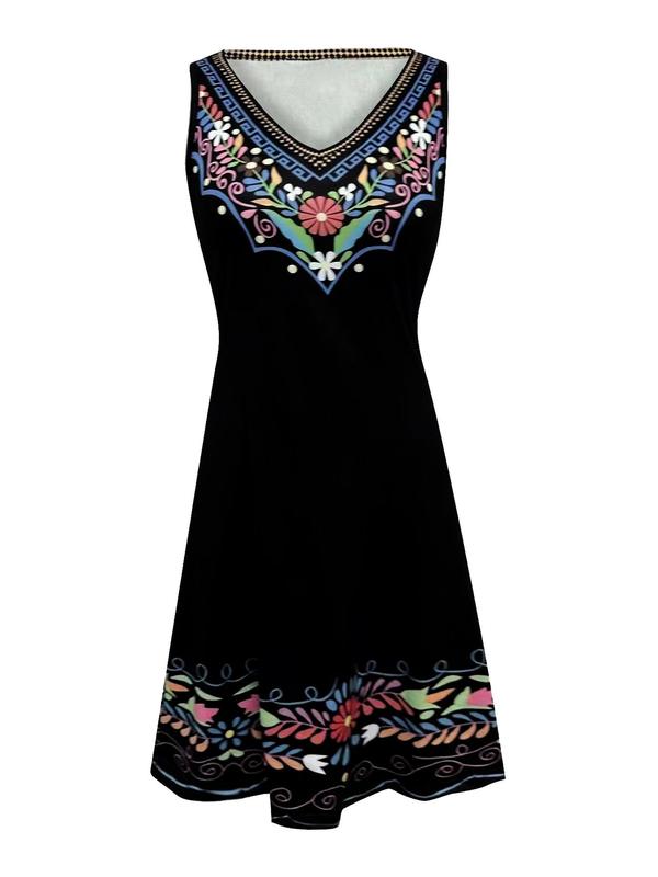 Women's Ethnic Floral Print Tank Dress, Boho Fashion Sleeveless Short Dress for Beach Holiday Vacation, Ladies Summer Clothes