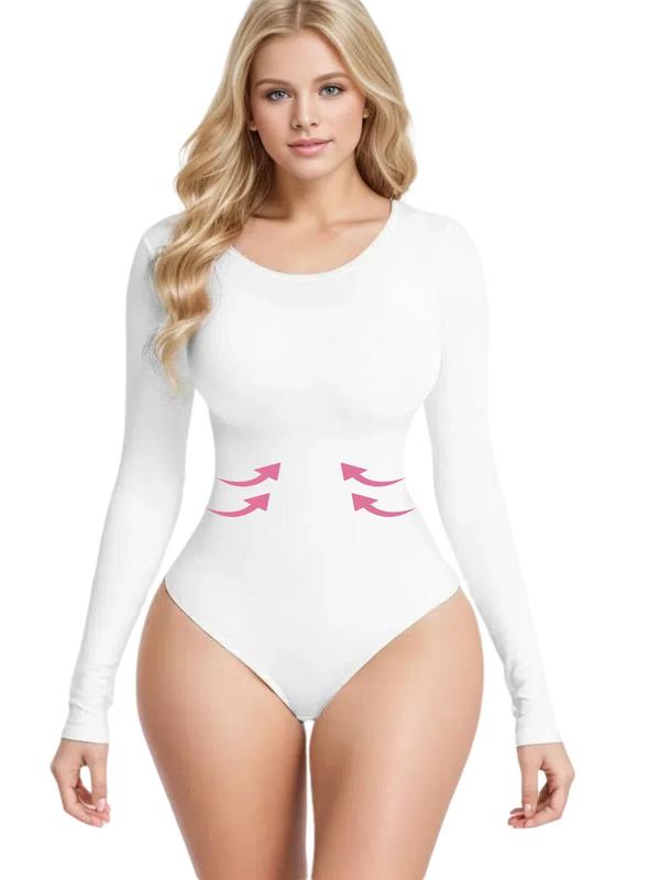 Women's Solid Long Sleeve Shapewear Bodysuit with Open Crotch Design, Scoop Neck Slimming Tummy Control Bodysuit, Ladies' Underwear & Shapewear