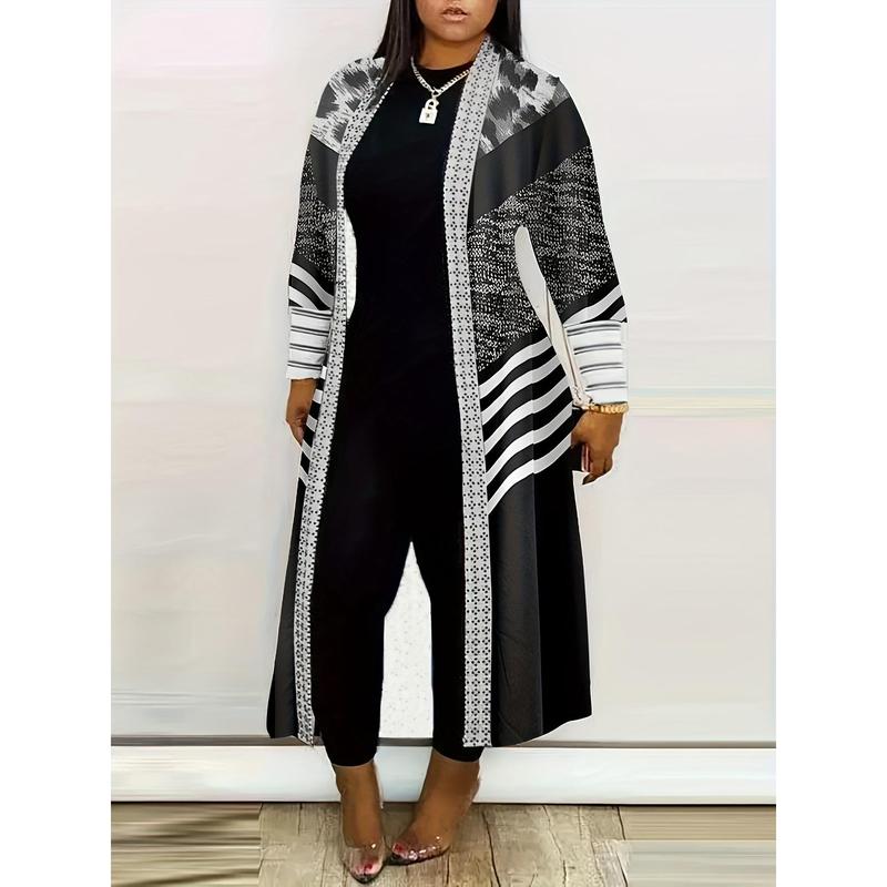 Plus Size Stripes Print Open Front Coats, Casual Long Sleeve Long Length Coats For Spring & Fall, Women's Plus Size Clothing