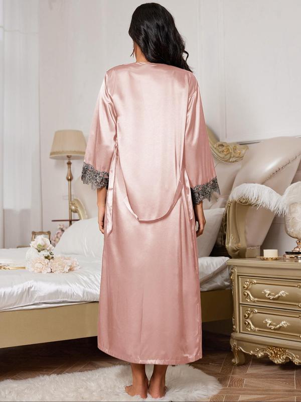 Two-piece Set Women's Contrast Lace Belted Satin Robe & Cami Nightdress Loungewear Set, Drop Shoulder Long Sleeve Robe & Cami Nightdress, Women's Sleepwear for All Seasons